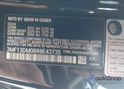 2024 BMW M2 from USA, damaged, VIN 3MF13DM06R8E43735